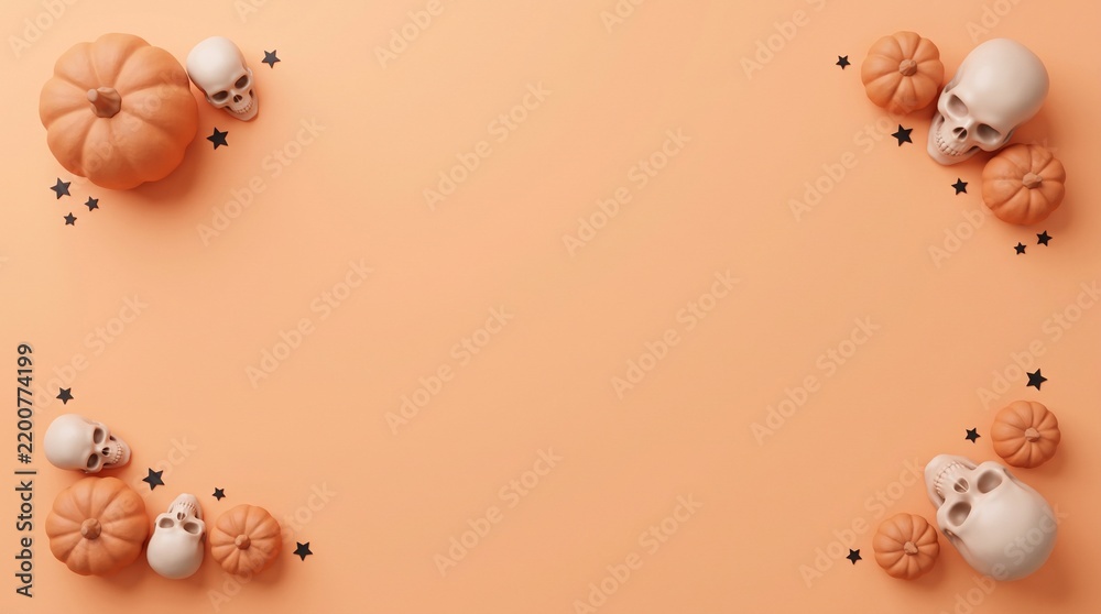 Fototapeta premium Festive happy halloween background featuring decorative pumpkins and skulls arranged in corners on a soft orange surface