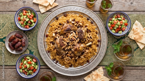 Traditional Arabian mandi rice platter with chicken, meat, salad, flatbread, dates, and tea on table   