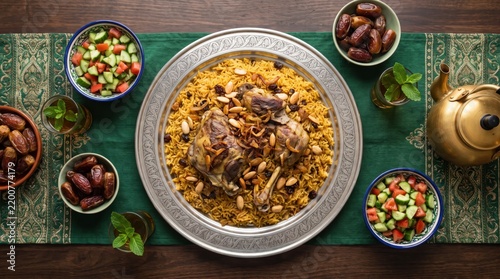 Delicious Arabian mandi rice platter with chicken, meat, fresh salad, dates, and tea on a table   