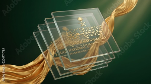3D layered glass panels with gold Saudi National Day celebration emblem and flowing silky ribbon   