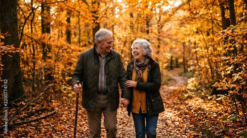 Senior couple walking hand in hand through an autumn forest landscape