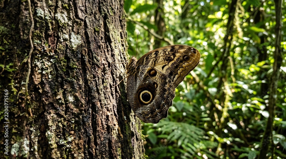 Obraz premium Detailed close up of a brown butterfly with large eye spots resting on the textured bark of a tropical tree in a lush green forest environment