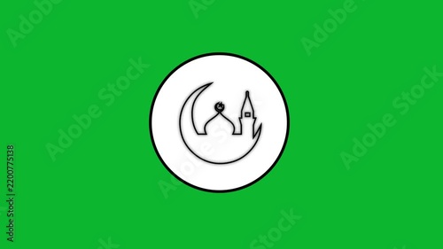Animated mosque and crescent moon symbol drawing appearing inside white circle on green background.