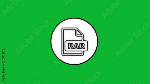 Animated rar file icon appearing inside circle against green screen background for digital compression software concept.