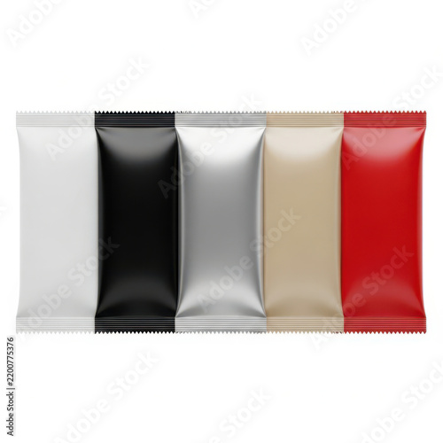 Five multi colored snack food packaging pouches for product branding mockup