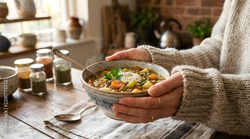 Woman hands holding a warm bowl of steaming lentil soup in rustic kitchen