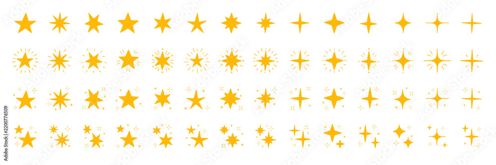 Obraz premium Stars icon and yellow sparkle doodle. Christmas blink and glowing symbols set. Magic pictogram and light flash with bright twinkle. Hand drawn vector illustration isolated on white background