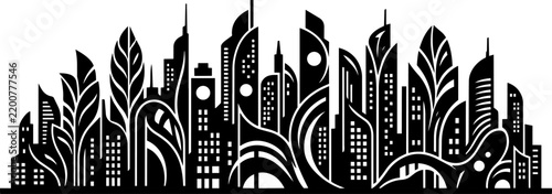 Black and white urban skyline silhouette with tall futuristic architecture buildings and skyscrapers