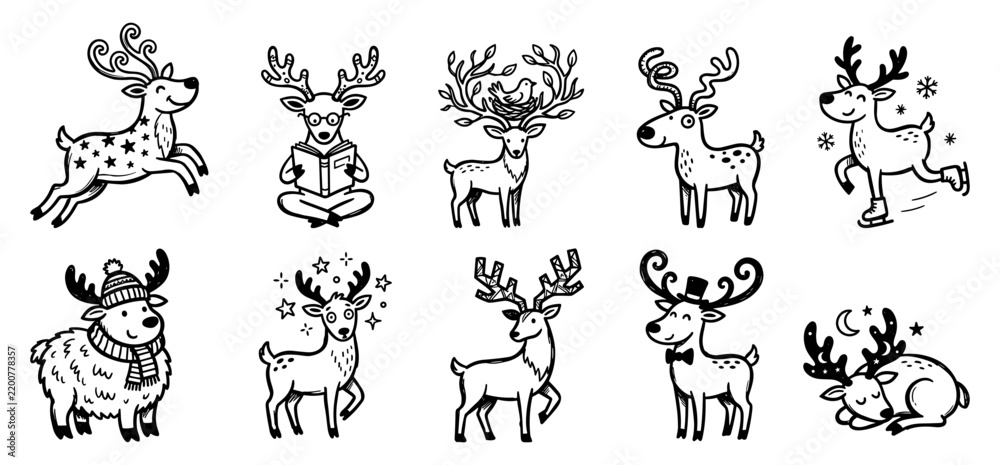 Obraz premium Cute winter forest deer and festive reindeer doodle set