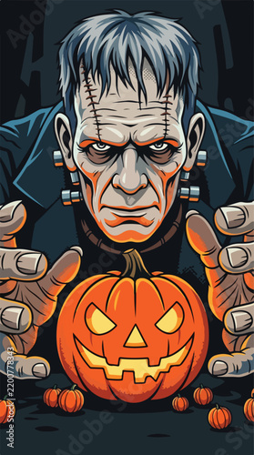 Spooky classic monster character carrying a carved Halloween jack-o'-lantern vector illustration.