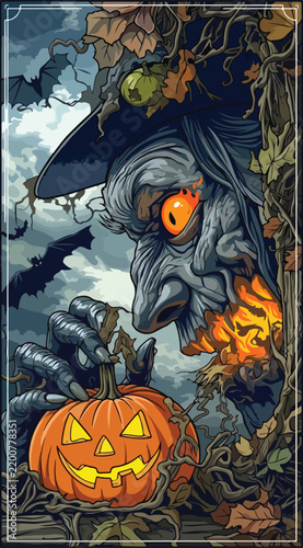 Spooky Halloween sorceress reaching out to a carved jack-o'-lantern vector illustration in pop art format.