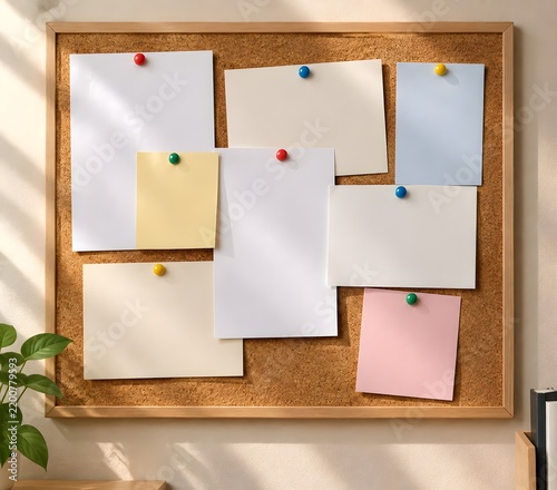 Cork bulletin board holding overlapping blank paper sheets secured with coloured round pins on a warm office wall