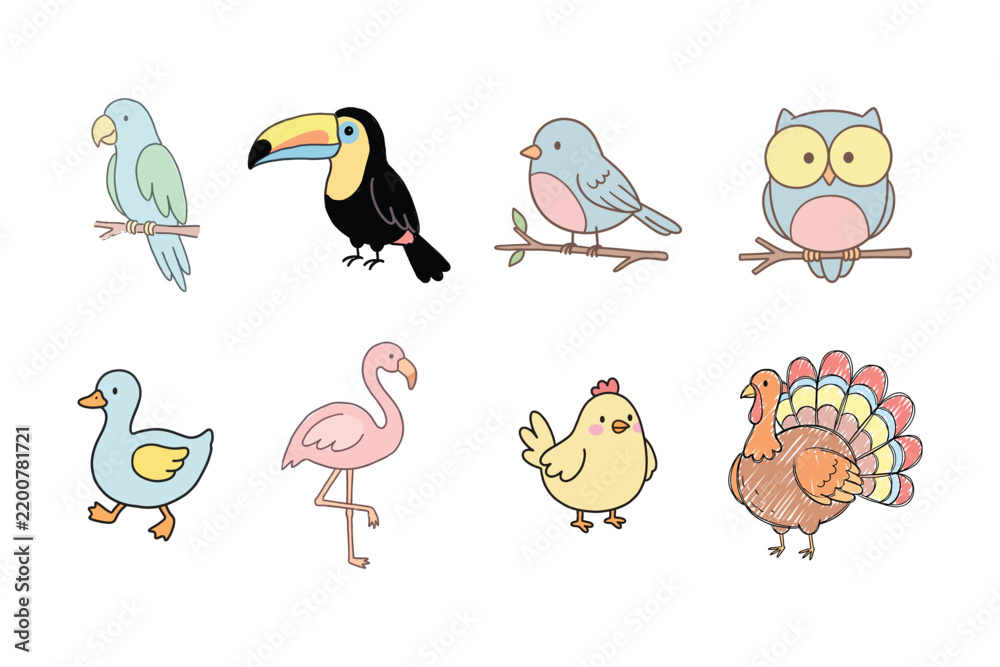 Fototapeta premium Cute birds illustration set hand drawn pastel colorful bird character vector