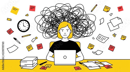 Concept illustration of a woman feeling overwhelmed by work tasks and a messy desk.