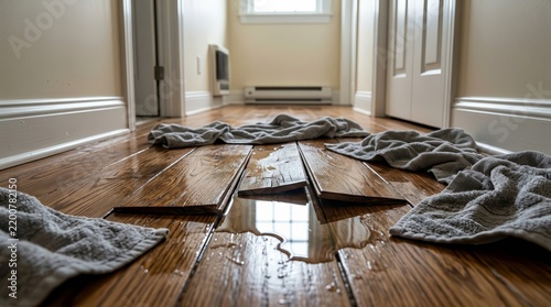 Hardwood flooring repair assessment after a water leak in a home hallway.