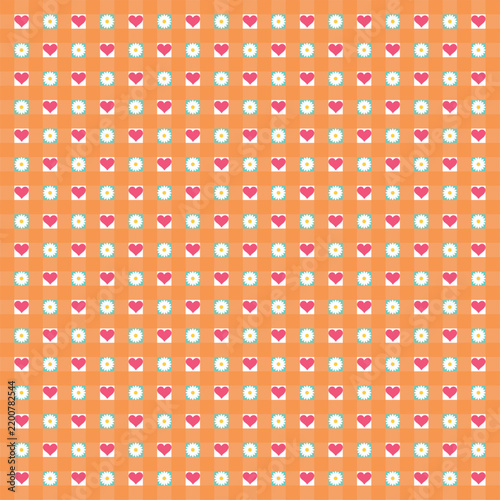 seamless pattern features playful pink heart motif interspersed with small blue circles against vibrant orange checkered background, perfect for graphic design projects.