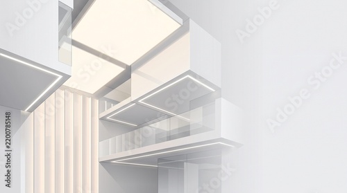 abstract modern architecture, cubic structures, illuminated white facade, glowing ceilings and glass balconies, futuristic property design background.
