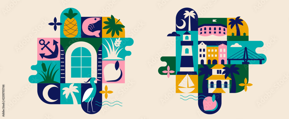 Obraz premium South Carolina USA Geometric Collage Set with Charleston Architecture, Modular Composition