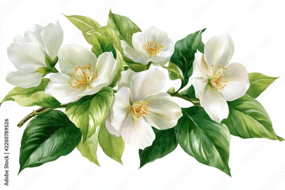 Obraz premium A delicate branch of blooming white jasmine flowers with lush green leaves, rendered in a detailed botanical illustration style, isolated on white background