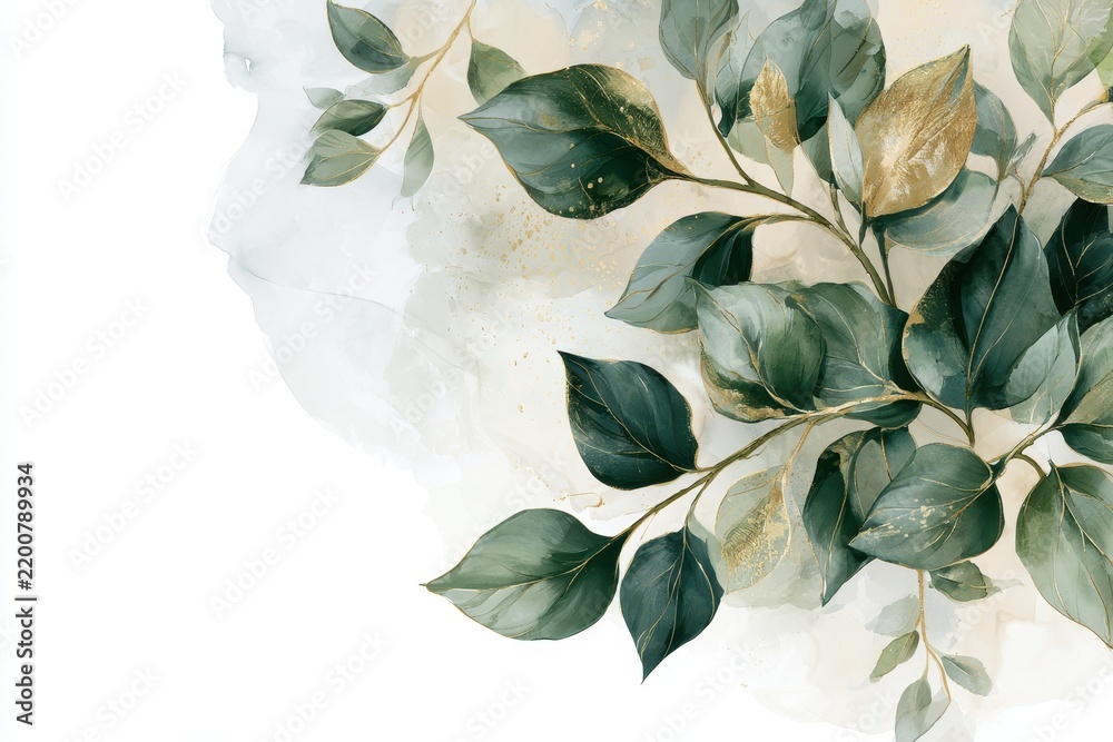 Obraz premium Elegant watercolor branch with dark green leaves and gold foil accents on a soft abstract wash background