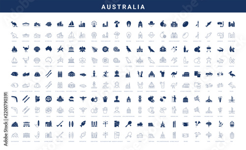Mixed line and filled vector icon set for Australia, Oceania and Australian culture for mobile apps and web interfaces. Editable strokes.