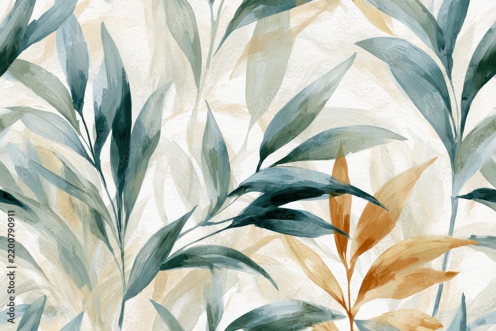 Obraz premium Watercolor seamless pattern with green and golden leaves, artistic botanical illustration of tropical foliage in soft earth tones on a textured white background