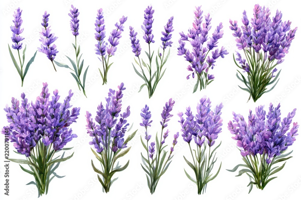 Fototapeta premium Set of watercolor lavender flowers isolated on white background, collection of purple floral elements for wedding invitations and greeting cards