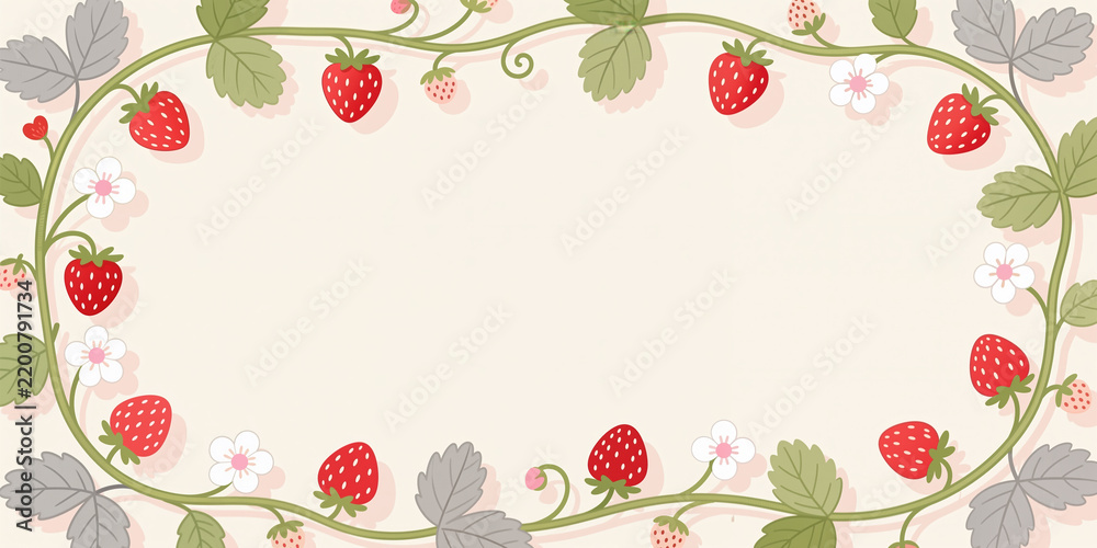 Obraz premium Vines with strawberries, leaves, and flowers framing a central space with soft pink shadows on a pale beige background.