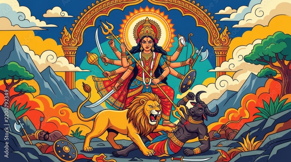 Fototapeta premium Goddess Durga defeating demon while holding divine weapons in epic battle scene