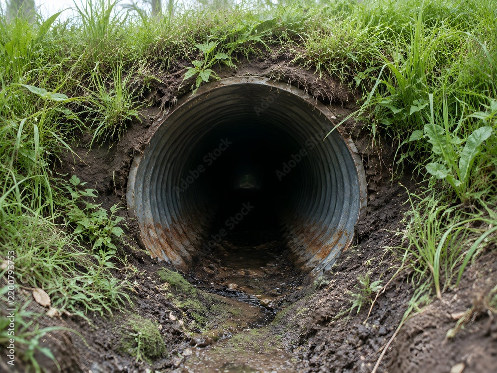 Fototapeta premium Culvert pipe opening beneath a grass embankment with a corrugated metal mouth and dark interior beyond