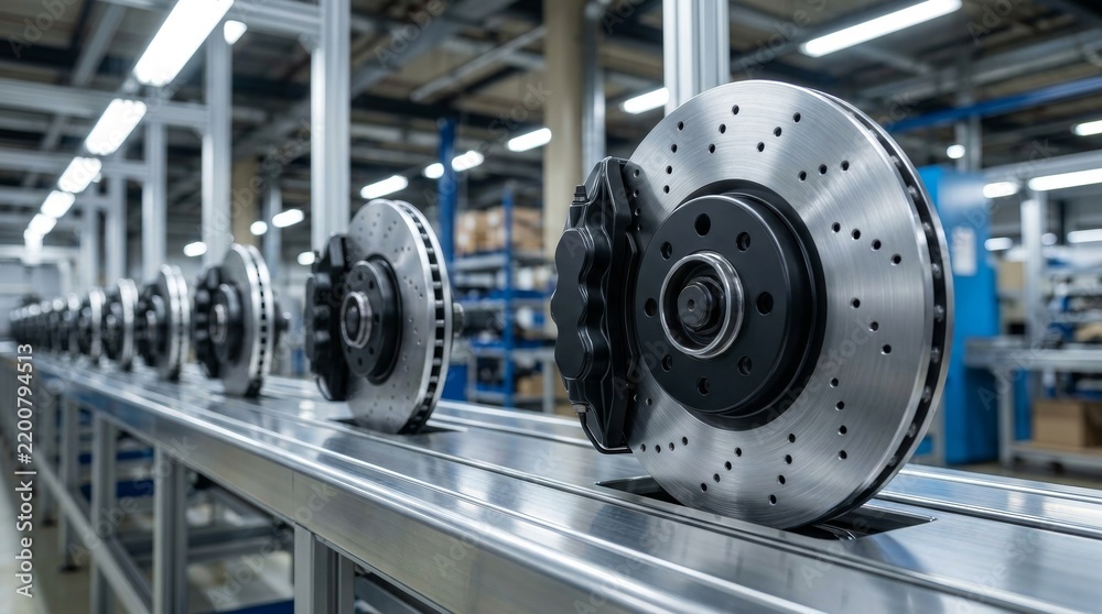 Fototapeta premium New car brake discs with calipers aligned on an automotive manufacturing production line.