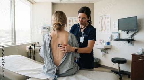 a female doctor checks the lungs of a female patient wearing a hospital gown in a medical clinic roo