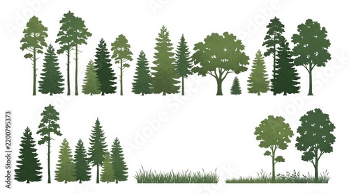 Minimalist forest line CAD illustration with ground cover and grass section isolated on white background.