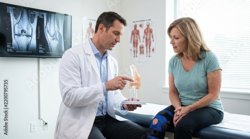 doctor explaining knee joint anatomy to a female patient wearing a knee brace in a modern clinic roo