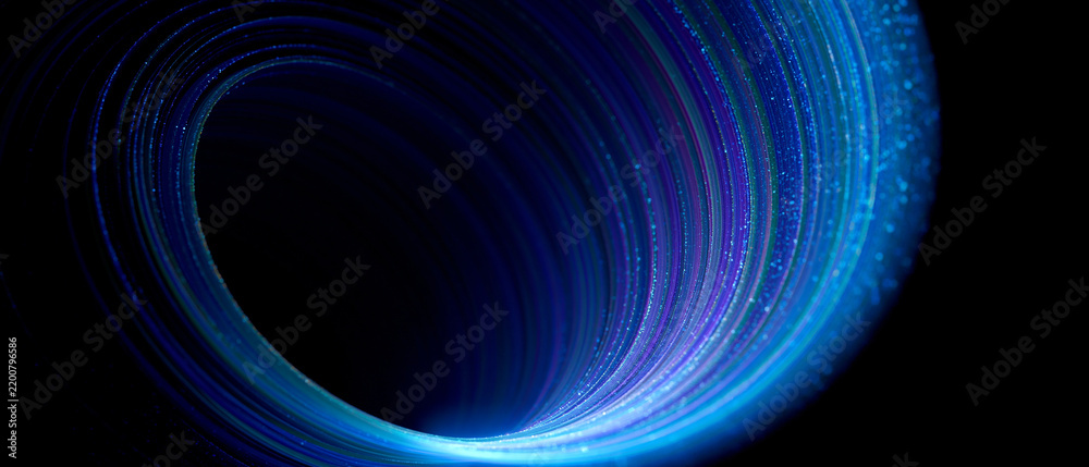 Fototapeta premium Glowing blue light vortex with swirling particles on dark background. Abstract digital tunnel and futuristic energy spiral