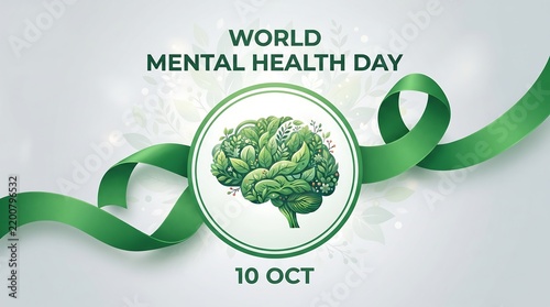 World mental health day concept with a green brain illustration and ribbon on a light background