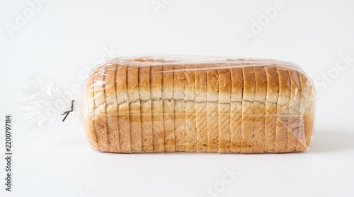 Fresh sliced golden white bread loaf packaged inside a clear plastic wrapper with twist tie against bright white background.