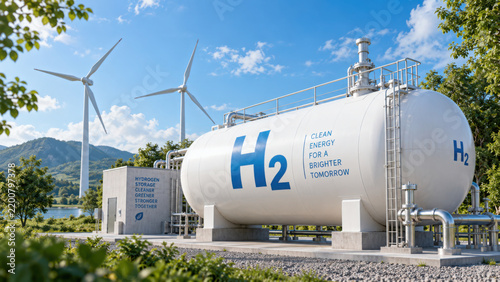 Green hydrogen energy storage tank with wind turbines and solar panels in nature environment- 3D rendering