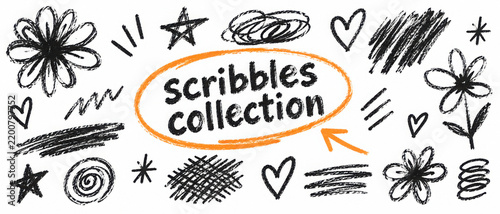 Crayon drawn underlines, messy scribbles and scrawls, flower shapes and oval for hand drawn notes and diary design. Doodle scribble highlight underlines. Messy scribble strokes and lines.