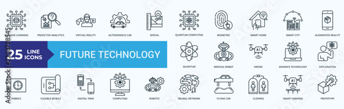 Future Technology Icon Set Illustration Vector Outline Style. Contains machine learning, predictive analytics, virtual reality, autonomous car, spatial, quantum computing, biometric, smart home