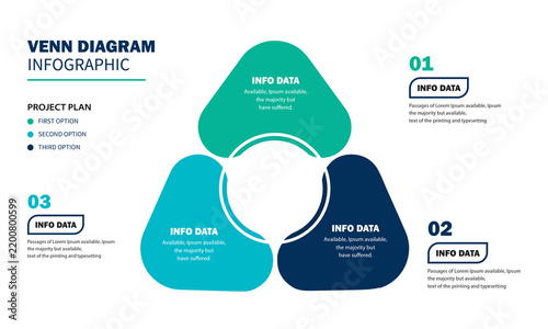 Venn diagram infographic chart template for business 3 geometric parts options, presentation with venn diagram elements vector illustration.
