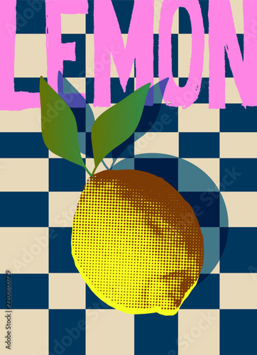 Fresh yellow lemon on a checkered tablecloth. Vector illustration ideal for posters, cards, and fabric printing.