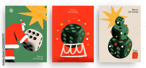 Christmas poster set with dice tree pine and Santa in halftone collage texture, vector illustration.