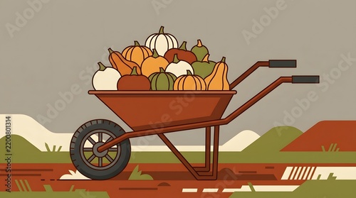 Wheelbarrow loaded with autumn harvest pumpkins and squash in simple flat vector illustration.