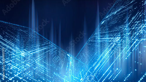 Abstract digital background with blue data matrix grid room and glowing tech lines 3d render