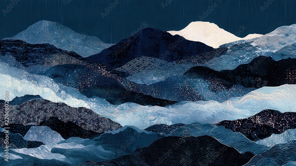 Naklejka premium Layered abstract landscape in dark blue, filled with traditional Japanese geometric patterns