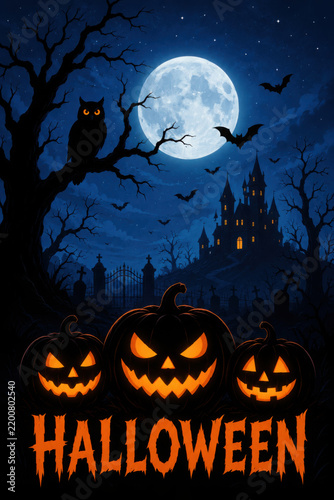 Happy halloween banner or party invitation background with violet fog clouds and pumpkins