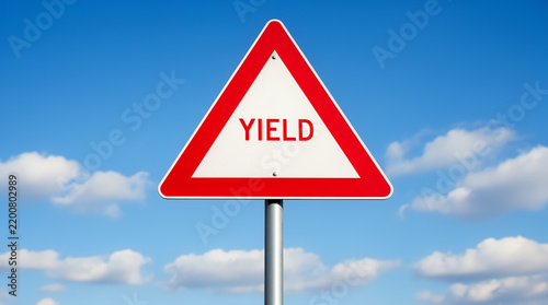 Yield Traffic Sign Isolated Against Partly Cloudy Sky
