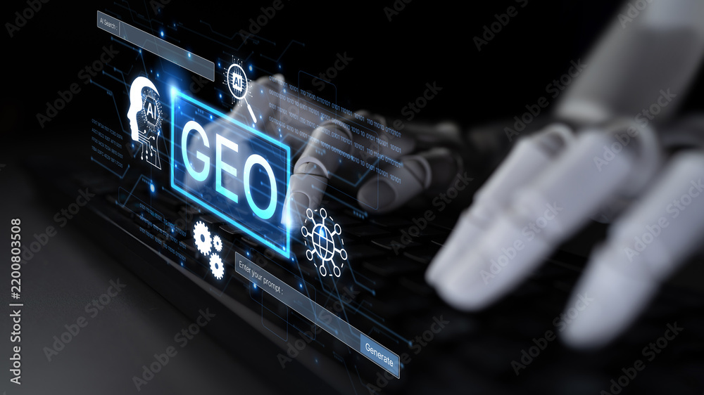 Fototapeta premium Digital marketing concept featuring GEO strategy. Generative AI search visual shows GEO interface integrating intelligence, logic, and AI input system for prompt tasks. Corpus