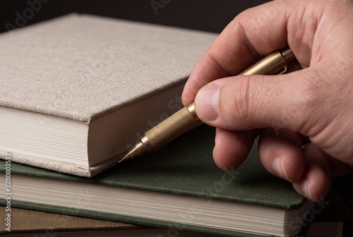 Person holding a vintage brass mechanical pencil over a stack of clothbound hardcover notebooks on a desk